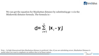 Note: - In high dimensional data Manhattan distance is preferred. Also, if you are calculating errors, Manhattan Distance is
useful when you want to emphasis on outliers due to its linear nature.
We can get the equation for Manhattan distance by substituting p = 1 in the
Minkowski distance formula. The formula is:-
 