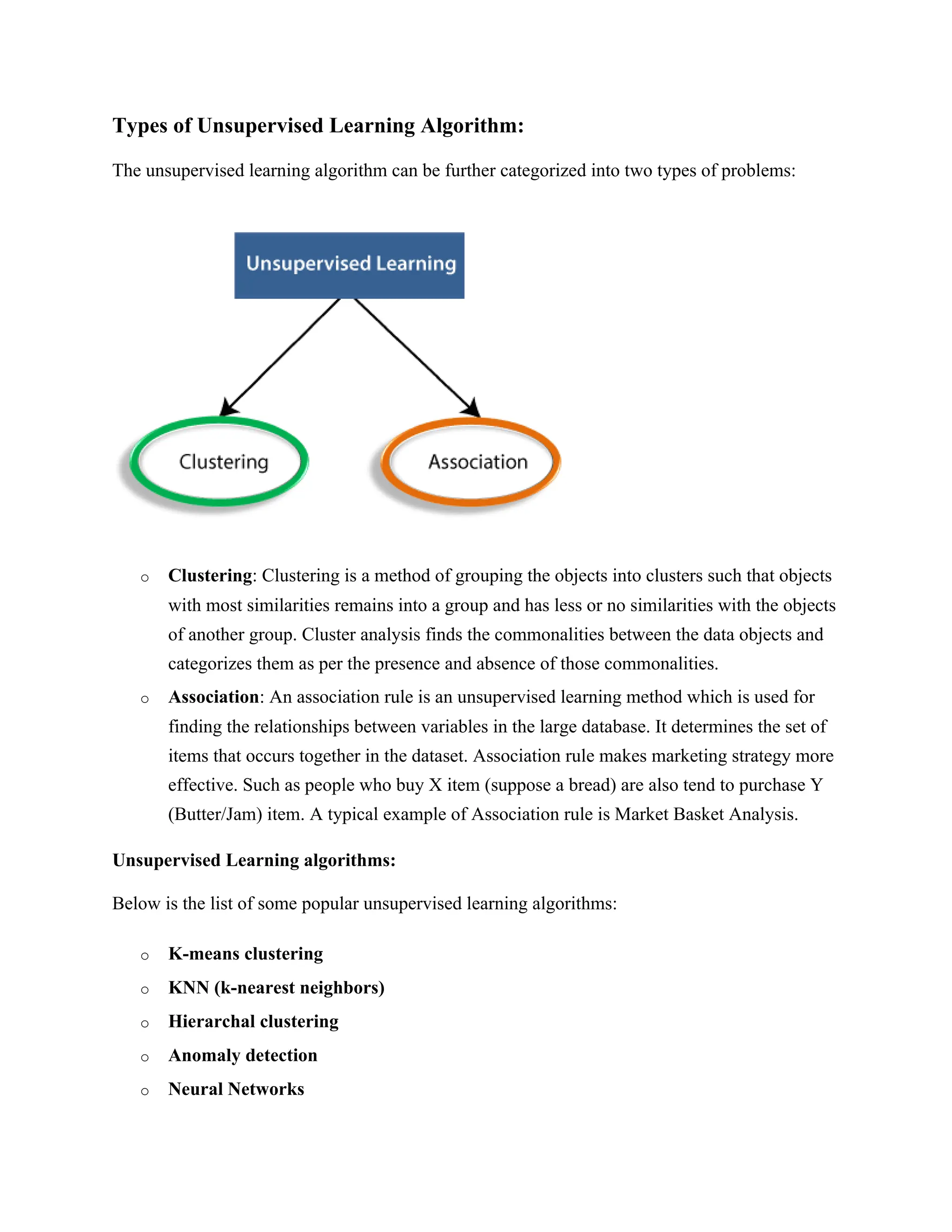 Types of Unsupervised Learning Algorithm:
The unsupervised learning algorithm can be further categorized into two types of problems:
o Clustering: Clustering is a method of grouping the objects into clusters such that objects
with most similarities remains into a group and has less or no similarities with the objects
of another group. Cluster analysis finds the commonalities between the data objects and
categorizes them as per the presence and absence of those commonalities.
o Association: An association rule is an unsupervised learning method which is used for
finding the relationships between variables in the large database. It determines the set of
items that occurs together in the dataset. Association rule makes marketing strategy more
effective. Such as people who buy X item (suppose a bread) are also tend to purchase Y
(Butter/Jam) item. A typical example of Association rule is Market Basket Analysis.
Unsupervised Learning algorithms:
Below is the list of some popular unsupervised learning algorithms:
o K-means clustering
o KNN (k-nearest neighbors)
o Hierarchal clustering
o Anomaly detection
o Neural Networks
 
