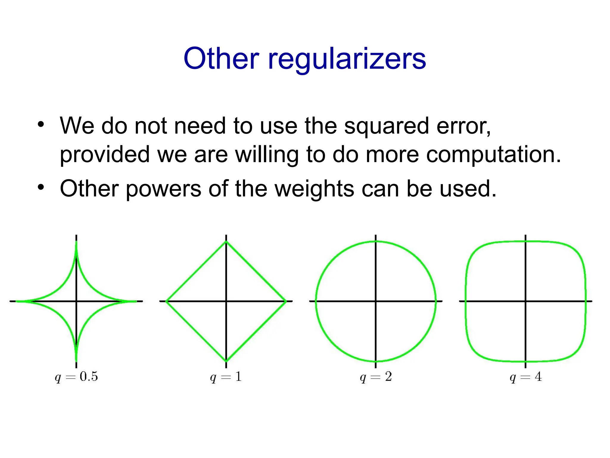 Other regularizers
• We do not need to use the squared error,
provided we are willing to do more computation.
• Other powers of the weights can be used.
 