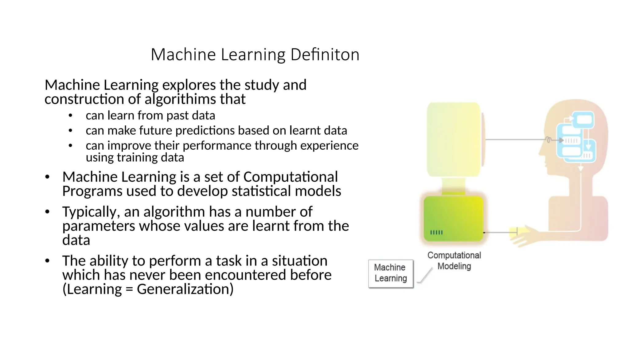 Machine Learning Definiton
Machine Learning explores the study and
construction of algorithims that
• can learn from past data
• can make future predictions based on learnt data
• can improve their performance through experience
using training data
• Machine Learning is a set of Computational
Programs used to develop statistical models
• Typically, an algorithm has a number of
parameters whose values are learnt from the
data
• The ability to perform a task in a situation
which has never been encountered before
(Learning = Generalization)
 