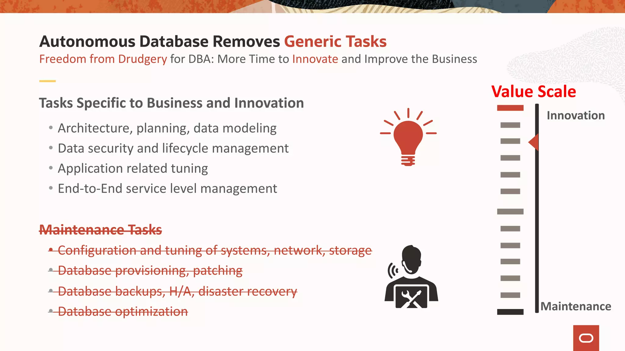 Tasks Specific to Business and Innovation
• Architecture, planning, data modeling
• Data security and lifecycle management
• Application related tuning
• End-to-End service level management
Maintenance Tasks
• Configuration and tuning of systems, network, storage
• Database provisioning, patching
• Database backups, H/A, disaster recovery
• Database optimization
Freedom from Drudgery for DBA: More Time to Innovate and Improve the Business
Autonomous Database Removes Generic Tasks
Value Scale
Innovation
Maintenance
 