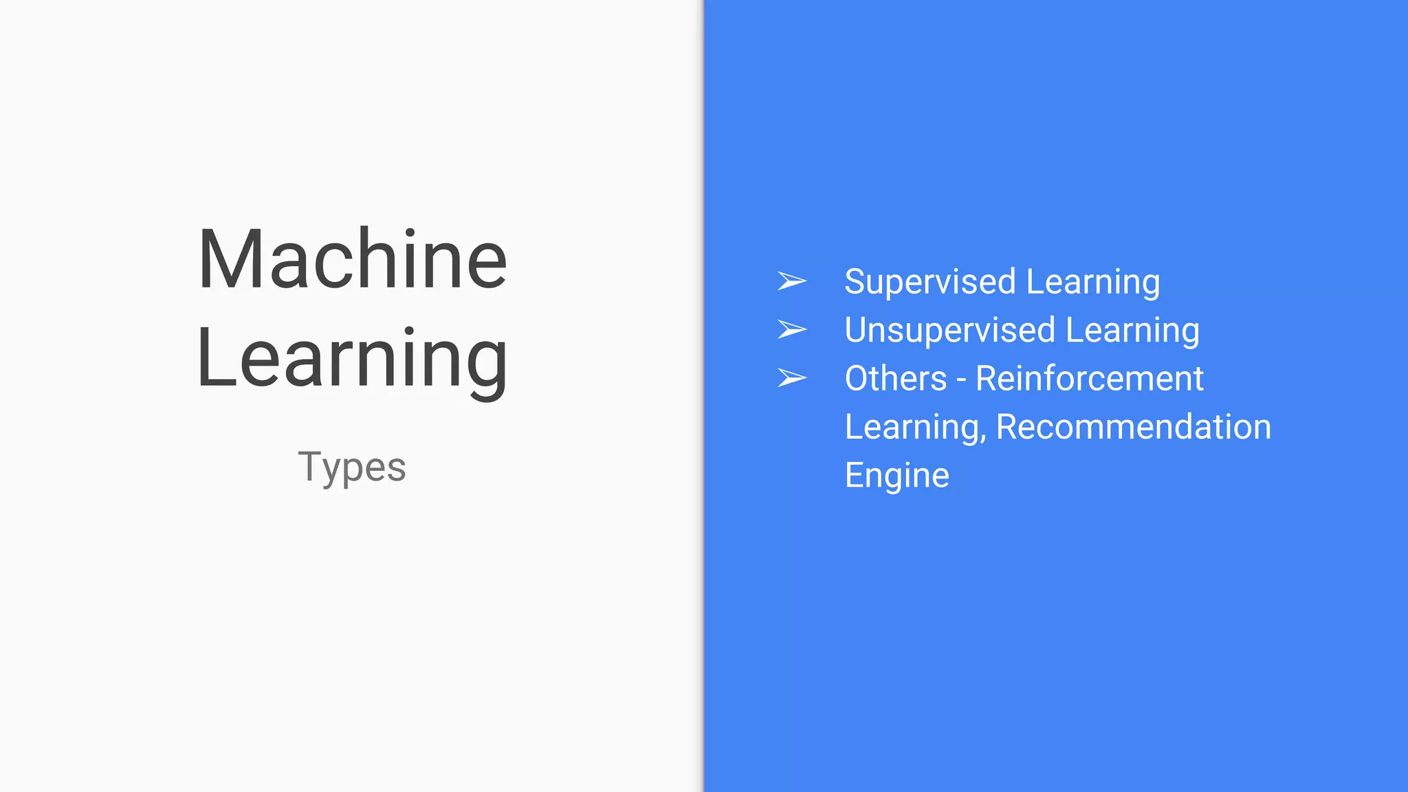 Machine
Learning
Types
➢ Supervised Learning
➢ Unsupervised Learning
➢ Others - Reinforcement
Learning, Recommendation
Engine
 