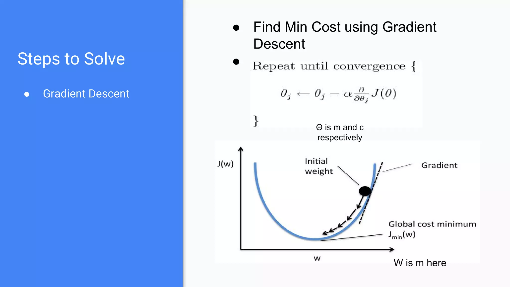 Steps to Solve
● Gradient Descent
● Find Min Cost using Gradient
Descent
●
Θ is m and c
respectively
W is m here
 
