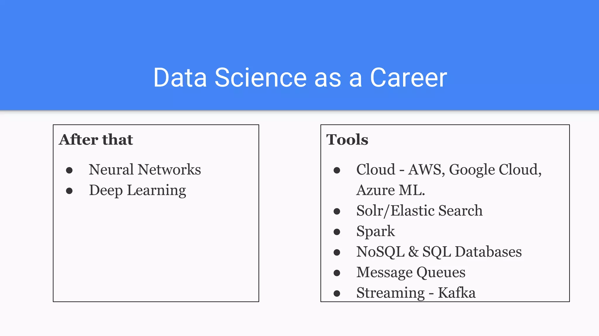 Data Science as a Career
Tools
● Cloud - AWS, Google Cloud,
Azure ML.
● Solr/Elastic Search
● Spark
● NoSQL & SQL Databases
● Message Queues
● Streaming - Kafka
After that
● Neural Networks
● Deep Learning
 