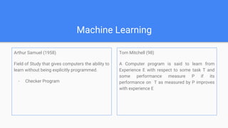 Machine Learning
Arthur Samuel (1958)
Field of Study that gives computers the ability to
learn without being explicitly programmed.
- Checker Program
Tom Mitchell (98)
A Computer program is said to learn from
Experience E with respect to some task T and
some performance measure P if its
performance on T as measured by P improves
with experience E
 