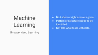 Machine
Learning
● No Labels or right answers given
● Pattern or Structure needs to be
identified
● Not told what to do with data.
Unsupervised Learning
 