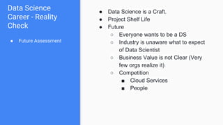 Data Science
Career - Reality
Check
● Future Assessment
● Data Science is a Craft.
● Project Shelf Life
● Future
○ Everyone wants to be a DS
○ Industry is unaware what to expect
of Data Scientist
○ Business Value is not Clear (Very
few orgs realize it)
○ Competition
■ Cloud Services
■ People
 
