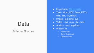 Data
Different Sources
● Huge list of file formats
● Text - Word, PDF, Excel, PPTx,
RTF, Jar , txt, HTML
● Image - jpg, bmp, svg
● Video - .avi, .mov, .flv, .mp4
● Audio - .wav, .mp3 etc
● Present in
○ Structured
○ Semi Structured
○ Unstructured
 