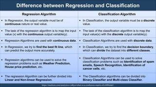 Difference between Regression and Classification
RJEs: Remote job entry points https://medium.com/analytics-vidhya/what-is-a-confusion-matrix-d1c0f8feda5
Regression Algorithm Classification Algorithm
▪ In Regression, the output variable must be of
continuous nature or real value.
▪ In Classification, the output variable must be a discrete
value.
▪ The task of the regression algorithm is to map the input
value (x) with the continuous output variable(y).
▪ The task of the classification algorithm is to map the
input value(x) with the discrete output variable(y).
▪ Regression Algorithms are used with continuous data. ▪ Classification Algorithms are used with discrete data.
▪ In Regression, we try to find the best fit line, which
can predict the output more accurately.
▪ In Classification, we try to find the decision boundary,
which can divide the dataset into different classes.
▪ Regression algorithms can be used to solve the
regression problems such as Weather Prediction,
House price prediction, etc.
▪ Classification Algorithms can be used to solve
classification problems such as Identification of spam
emails, Speech Recognition, Identification of
cancer cells, etc.
▪ The regression Algorithm can be further divided into
Linear and Non-linear Regression.
▪ The Classification algorithms can be divided into
Binary Classifier and Multi-class Classifier.
119
 