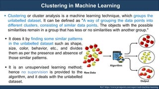 Clustering in Machine Learning
RJEs: Remote job entry points Ref: https://www.javatpoint.com/supervised-machine-learning
▪ Clustering or cluster analysis is a machine learning technique, which groups the
unlabelled dataset. It can be defined as "A way of grouping the data points into
different clusters, consisting of similar data points. The objects with the possible
similarities remain in a group that has less or no similarities with another group."
▪ It does it by finding some similar patterns
in the unlabelled dataset such as shape,
size, color, behavior, etc., and divides
them as per the presence and absence of
those similar patterns.
▪ It is an unsupervised learning method;
hence no supervision is provided to the
algorithm, and it deals with the unlabelled
dataset.
122
 