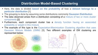 Distribution Model-Based Clustering
RJEs: Remote job entry points
▪ Here, the data is divided based on the probability of how a dataset belongs to a
particular distribution [1]
▪ The grouping is done by assuming some distributions commonly Gaussian Distribution
▪ The data observed arises from a distribution consisting of a mixture of two or more cluster
components [2]
▪ Furthermore, each component cluster has a density function having an associated
probability or weight in this mixture
▪ The example of this type is the Expectation-Maximization Clustering algorithm that uses
Gaussian Mixture Models (GMM) [1]. Two different examples of EM clustering are
represented below:
Ref: [1] https://www.javatpoint.com/clustering-in-machine-learning
[2] https://data-flair.training/blogs/clustering-in-machine-learning/
134
 