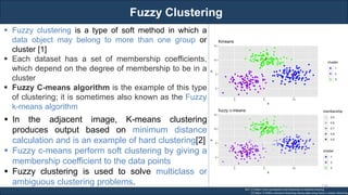 Fuzzy Clustering
RJEs: Remote job entry points
▪ Fuzzy clustering is a type of soft method in which a
data object may belong to more than one group or
cluster [1]
▪ Each dataset has a set of membership coefficients,
which depend on the degree of membership to be in a
cluster
▪ Fuzzy C-means algorithm is the example of this type
of clustering; it is sometimes also known as the Fuzzy
k-means algorithm
Ref: [1] https://www.javatpoint.com/clustering-in-machine-learning
[2] https://2-bitbio.com/post/clustering-rnaseq-data-using-fuzzy-c-means-clustering/
▪ In the adjacent image, K-means clustering
produces output based on minimum distance
calculation and is an example of hard clustering[2]
▪ Fuzzy c-means perform soft clustering by giving a
membership coefficient to the data points
▪ Fuzzy clustering is used to solve multiclass or
ambiguous clustering problems. 136
 