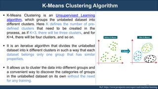 K-Means Clustering Algorithm
RJEs: Remote job entry points Ref: https://www.javatpoint.com/supervised-machine-learning
▪ K-Means Clustering is an Unsupervised Learning
algorithm, which groups the unlabeled dataset into
different clusters. Here K defines the number of pre-
defined clusters that need to be created in the
process, as if K=3, there will be three clusters, and for
K=4, there will be four clusters, and so on.
▪ It is an iterative algorithm that divides the unlabelled
dataset into k different clusters in such a way that each
dataset belongs only one group that has similar
properties.
▪ It allows us to cluster the data into different groups and
a convenient way to discover the categories of groups
in the unlabelled dataset on its own without the need
for any training.
138
 