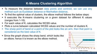 K-Means Clustering Algorithm
RJEs: Remote job entry points Ref: https://www.javatpoint.com/supervised-machine-learning
▪ To measure the distance between data points and centroid, we can use any
method such as Euclidean distance or Manhattan distance.
▪ To find the optimal value of clusters, the elbow method follows the below steps:
▪ It executes the K-means clustering on a given dataset for different K values
(ranges from 1-10).
▪ For each value of K, calculates the WCSS value.
▪ Plots a curve between calculated WCSS values and the number of clusters K.
▪ The sharp point of bend or a point of the plot looks like an arm, then that point is
considered as the best value of K.
▪ Since the graph shows the sharp bend, which looks like
an elbow, hence it is known as the elbow method.
149
 