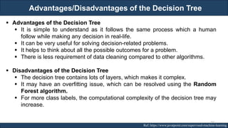 Advantages/Disadvantages of the Decision Tree
RJEs: Remote job entry points Ref: https://www.javatpoint.com/supervised-machine-learning
▪ Advantages of the Decision Tree
▪ It is simple to understand as it follows the same process which a human
follow while making any decision in real-life.
▪ It can be very useful for solving decision-related problems.
▪ It helps to think about all the possible outcomes for a problem.
▪ There is less requirement of data cleaning compared to other algorithms.
▪ Disadvantages of the Decision Tree
▪ The decision tree contains lots of layers, which makes it complex.
▪ It may have an overfitting issue, which can be resolved using the Random
Forest algorithm.
▪ For more class labels, the computational complexity of the decision tree may
increase.
162
 