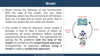 Model
RJEs: Remote job entry points https://www.javatpoint.com/reinforcement-learning
249
▪ Model mimics the behavior of the environment.
With the help of the model, one can make
inferences about how the environment will behave.
Such as, if a state and an action are given, then a
model can predict the next state and reward.
▪ The model is used for planning, which means it
provides a way to take a course of action by
considering all future situations before actually
experiencing those situations. The approaches for
solving the RL problems with the help of the
model are termed as the model-based approach.
Comparatively, an approach without using a
model is called a model-free approach.
 