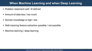 When Machine Learning and when Deep Learning
RJEs: Remote job entry points [Taken from public domain. Original authors highly acknowledged.]
▪ Problem statement well / ill defined
▪ Amount of data less / too much
▪ Domain knowledge is high / low
▪ Well meaning feature extraction possible / not possible
▪ Machine learning / deep learning
25
 