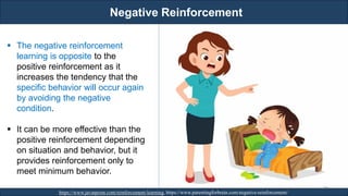 Negative Reinforcement
RJEs: Remote job entry points
264
▪ The negative reinforcement
learning is opposite to the
positive reinforcement as it
increases the tendency that the
specific behavior will occur again
by avoiding the negative
condition.
▪ It can be more effective than the
positive reinforcement depending
on situation and behavior, but it
provides reinforcement only to
meet minimum behavior.
https://www.javatpoint.com/reinforcement-learning, https://www.parentingforbrain.com/negative-reinforcement/
 