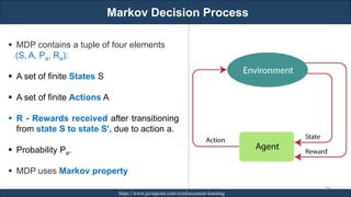 Markov Decision Process
RJEs: Remote job entry points https://www.javatpoint.com/reinforcement-learning
268
▪ MDP contains a tuple of four elements
(S, A, Pa, Ra):
▪ A set of finite States S
▪ A set of finite Actions A
▪ R - Rewards received after transitioning
from state S to state S', due to action a.
▪ Probability Pa.
▪ MDP uses Markov property
 