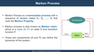 Markov Process
RJEs: Remote job entry points https://www.javatpoint.com/reinforcement-learning
271
▪ Markov Process is a memoryless process with a
sequence of random states S1, S2, ....., St that
uses the Markov Property.
▪ Markov process is also known as Markov chain,
which is a tuple (S, P) on state S and transition
function P.
▪ These two components (S and P) can define the
dynamics of the system.
 