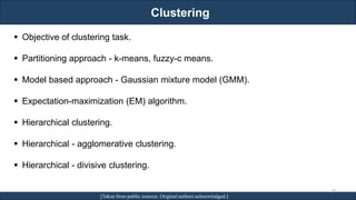 Clustering
RJEs: Remote job entry points [Taken from public sources. Original authors acknowledged.]
▪ Objective of clustering task.
▪ Partitioning approach - k-means, fuzzy-c means.
▪ Model based approach - Gaussian mixture model (GMM).
▪ Expectation-maximization (EM) algorithm.
▪ Hierarchical clustering.
▪ Hierarchical - agglomerative clustering.
▪ Hierarchical - divisive clustering.S
29
 