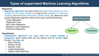 Types of supervised Machine Learning Algorithms
RJEs: Remote job entry points Ref: https://www.javatpoint.com/supervised-machine-learning
Regression
• Regression algorithms are used if there is a relationship between the input
variable and the output variable. It is used for the prediction of continuous
variables, such as Weather forecasting, Market Trends, etc. Below are some
popular Regression algorithms which come under supervised learning:
•Linear Regression
•Regression Trees
•Non-Linear Regression
•Bayesian Linear Regression
•Polynomial Regression
Classification
• Classification algorithms are used when the output variable is
categorical, which means there are two classes such as Yes-No, Male-
Female, True-false, etc.
• Spam Filtering,
• Random Forest
• Decision Trees
• Logistic Regression
• Support Vector Machines
41
 