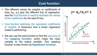 Cost function
RJEs: Remote job entry points Ref: https://www.javatpoint.com/supervised-machine-learning
▪ The different values for weights or coefficients of
lines (a0, a1) give the different line of regression,
and the cost function is used to estimate the values
of the coefficients for the best fit line.
▪ Cost function optimizes the regression coefficients
or weights. It measures how a linear regression
model is performing.
▪ We can use the cost function to find the accuracy of
the mapping function, which maps the input
variable to the output variable. This mapping
function is also known as Hypothesis function.
y= a0+a1x+ ε
68
 