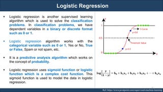 Logistic Regression
RJEs: Remote job entry points Ref: https://www.javatpoint.com/supervised-machine-learning
▪ Logistic regression is another supervised learning
algorithm which is used to solve the classification
problems. In classification problems, we have
dependent variables in a binary or discrete format
such as 0 or 1.
▪ Logistic regression algorithm works with the
categorical variable such as 0 or 1, Yes or No, True
or False, Spam or not spam, etc.
▪ It is a predictive analysis algorithm which works on
the concept of probability.
▪ Logistic regression uses sigmoid function or logistic
function which is a complex cost function. This
sigmoid function is used to model the data in logistic
regression.
71
 