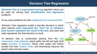 Decision Tree Regression
RJEs: Remote job entry points Ref: https://www.javatpoint.com/supervised-machine-learning
•Decision Tree is a supervised learning algorithm which can
be used for solving both classification and regression
problems.
•It can solve problems for both categorical and numerical data
•Decision Tree regression builds a tree-like structure in which
each internal node represents the "test" for an attribute,
each branch represent the result of the test, and each leaf
node represents the final decision or result.
•A decision tree is constructed starting from the root
node/parent node (dataset), which splits into left and right child
nodes (subsets of dataset). These child nodes are further
divided into their children node, and themselves become the
parent node of those nodes.
80
 