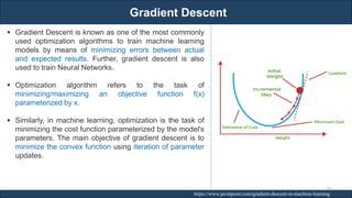 Gradient Descent
RJEs: Remote job entry points https://www.javatpoint.com/gradient-descent-in-machine-learning
▪ Gradient Descent is known as one of the most commonly
used optimization algorithms to train machine learning
models by means of minimizing errors between actual
and expected results. Further, gradient descent is also
used to train Neural Networks.
▪ Optimization algorithm refers to the task of
minimizing/maximizing an objective function f(x)
parameterized by x.
▪ Similarly, in machine learning, optimization is the task of
minimizing the cost function parameterized by the model's
parameters. The main objective of gradient descent is to
minimize the convex function using iteration of parameter
updates.
93
 