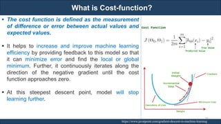 What is Cost-function?
RJEs: Remote job entry points https://www.javatpoint.com/gradient-descent-in-machine-learning
▪ The cost function is defined as the measurement
of difference or error between actual values and
expected values.
▪ It helps to increase and improve machine learning
efficiency by providing feedback to this model so that
it can minimize error and find the local or global
minimum. Further, it continuously iterates along the
direction of the negative gradient until the cost
function approaches zero.
▪ At this steepest descent point, model will stop
learning further.
96
 