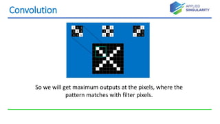 Convolution
So we will get maximum outputs at the pixels, where the
pattern matches with filter pixels.
 