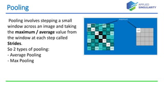 Pooling
Pooling involves stepping a small
window across an image and taking
the maximum / average value from
the window at each step called
Strides.
So 2 types of pooling:
- Average Pooling
- Max Pooling
 