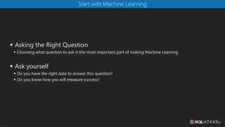 ▪ Asking the Right Question
▪ Choosing what question to ask is the most important part of making Machine Learning
▪ Ask yourself
▪ Do you have the right data to answer this question?
▪ Do you know how you will measure success?
Start with Machine Learning
 