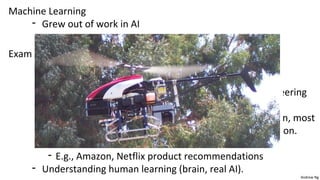 Andrew Ng 
Machine Learning 
- Grew out of work in AI 
- New capability for computers 
Examples: 
- Database mining 
- Large datasets from growth of automation/web. 
- E.g., Web click data, medical records, biology, engineering 
- Applications can’t program by hand. 
- E.g., Autonomous helicopter, handwriting recognition, most 
of Natural Language Processing (NLP), Computer Vision. 
- Self-customizing programs 
- E.g., Amazon, Netflix product recommendations 
- Understanding human learning (brain, real AI). 
 
