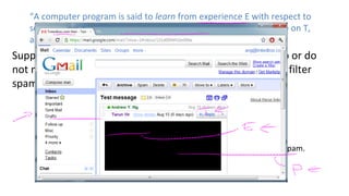 “A computer program is said to learn from experience E with respect to 
some task T and some performance measure P, if its performance on T, 
as measured by P, improves with experience E.” 
Suppose your email program watches which emails you do or do 
not mark as spam, and based on that learns how to better filter 
spam. What is the task T in this setting? 
Classifying emails as spam or not spam. 
Watching you label emails as spam or not spam. 
The number (or fraction) of emails correctly classified as spam/not spam. 
None of the above—this is not a machine learning problem. 
 