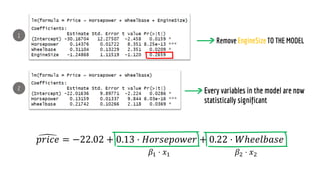 ෣
𝑝𝑟𝑖𝑐𝑒 = −22.02 + 0.13 ⋅ 𝐻𝑜𝑟𝑠𝑒𝑝𝑜𝑤𝑒𝑟 + 0.22 ⋅ 𝑊ℎ𝑒𝑒𝑙𝑏𝑎𝑠𝑒
𝛽1 ⋅ 𝑥1 𝛽2 ⋅ 𝑥2
 