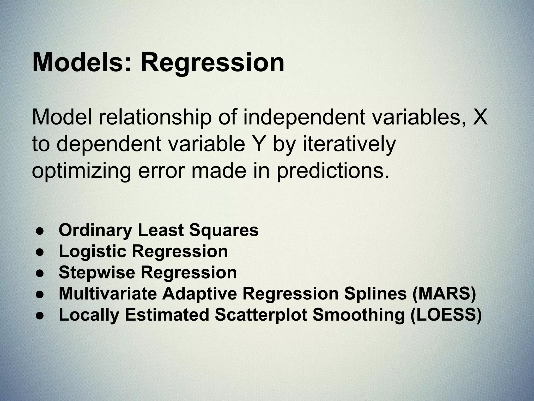 “Model” is an overloaded term.
• Model family describes, at the broadest possible level, the
connection between the variables of interest.
• Model form specifies exactly how the variables of interest
are connected within the framework of the model family.
http://had.co.nz/stat645/model-vis.pdf
Hadley Wickham (2015)
• A fitted model is a concrete instance of the
model form where all parameters have been
estimated from data, and the model can be
used to generate predictions.
 
