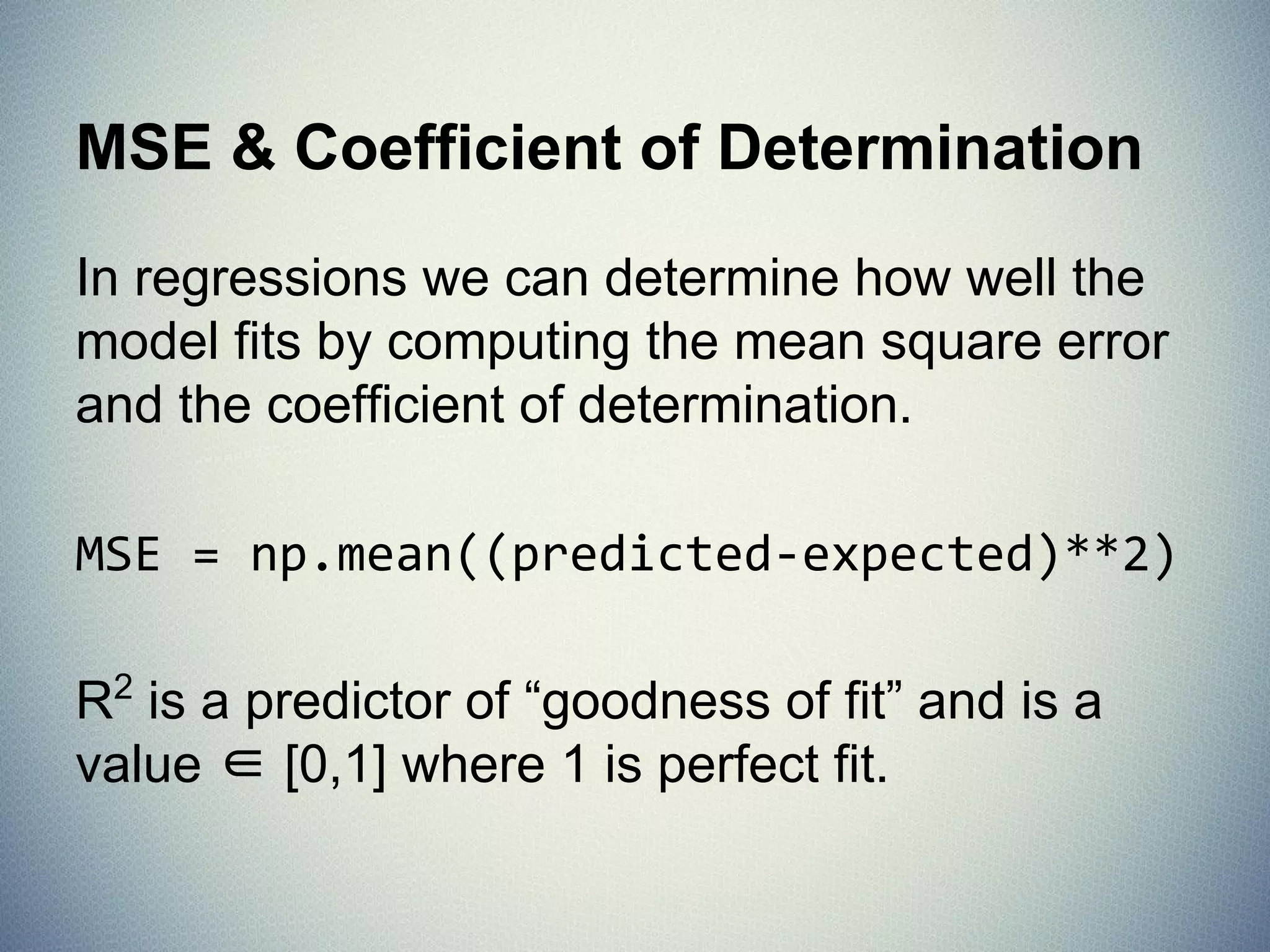The Scikit-Learn Estimator API
class Estimator(object):
def fit(self, X, y=None):
"""Fits estimator to data. """
# set state of ``self``
return self
def predict(self, X):
"""Predict response of ``X``. """
# compute predictions ``pred``
return pred
 