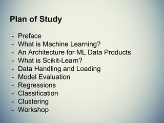 - Preface
- What is Machine Learning?
- An Architecture for ML Data Products
- What is Scikit-Learn?
- Data Handling and Loading
- Model Evaluation
- Regressions
- Classification
- Clustering
- Workshop
Plan of Study
 