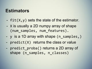 What is Scikit-Learn?
Extensions to SciPy (Scientific Python) are
called SciKits. SciKit-Learn provides machine
learning algorithms.
● Algorithms for supervised & unsupervised learning
● Built on SciPy and Numpy
● Standard Python API interface
● Sits on top of c libraries, LAPACK, LibSVM, and Cython
● Open Source: BSD License (part of Linux)
Probably the best general ML framework out there.
 