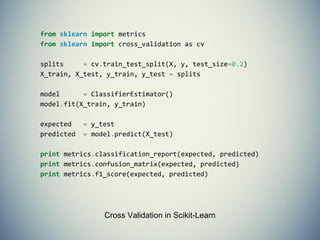 Object-oriented interface centered around the
concept of an Estimator:
“An estimator is any object that learns from data; it may
be a classification, regression or clustering algorithm or
a transformer that extracts/filters useful features from
raw data.”
- Scikit-Learn Tutorial
Scikit-Learn API
 