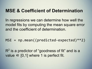 The Scikit-Learn Estimator API
class Estimator(object):
def fit(self, X, y=None):
"""Fits estimator to data. """
# set state of ``self``
return self
def predict(self, X):
"""Predict response of ``X``. """
# compute predictions ``pred``
return pred
 