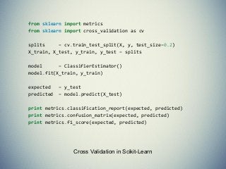 Cross Validation in Scikit-Learn
from sklearn import metrics
from sklearn import cross_validation as cv
splits = cv.train_test_split(X, y, test_size=0.2)
X_train, X_test, y_train, y_test = splits
model = ClassifierEstimator()
model.fit(X_train, y_train)
expected = y_test
predicted = model.predict(X_test)
print metrics.classification_report(expected, predicted)
print metrics.confusion_matrix(expected, predicted)
print metrics.f1_score(expected, predicted)
 