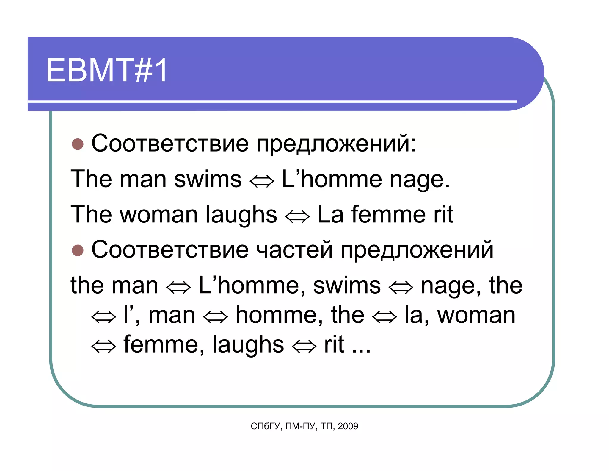 EBMT#1

   Соответствие предложений:
 The man swims ⇔ L’homme nage.
 The woman laughs ⇔ La femme rit
   Соответствие частей предложений
 the man ⇔ L’homme, swims ⇔ nage, the
   ⇔ l’, man ⇔ homme, the ⇔ la, woman
   ⇔ femme, laughs ⇔ rit ...


               СПбГУ, ПМ-ПУ, ТП, 2009
 