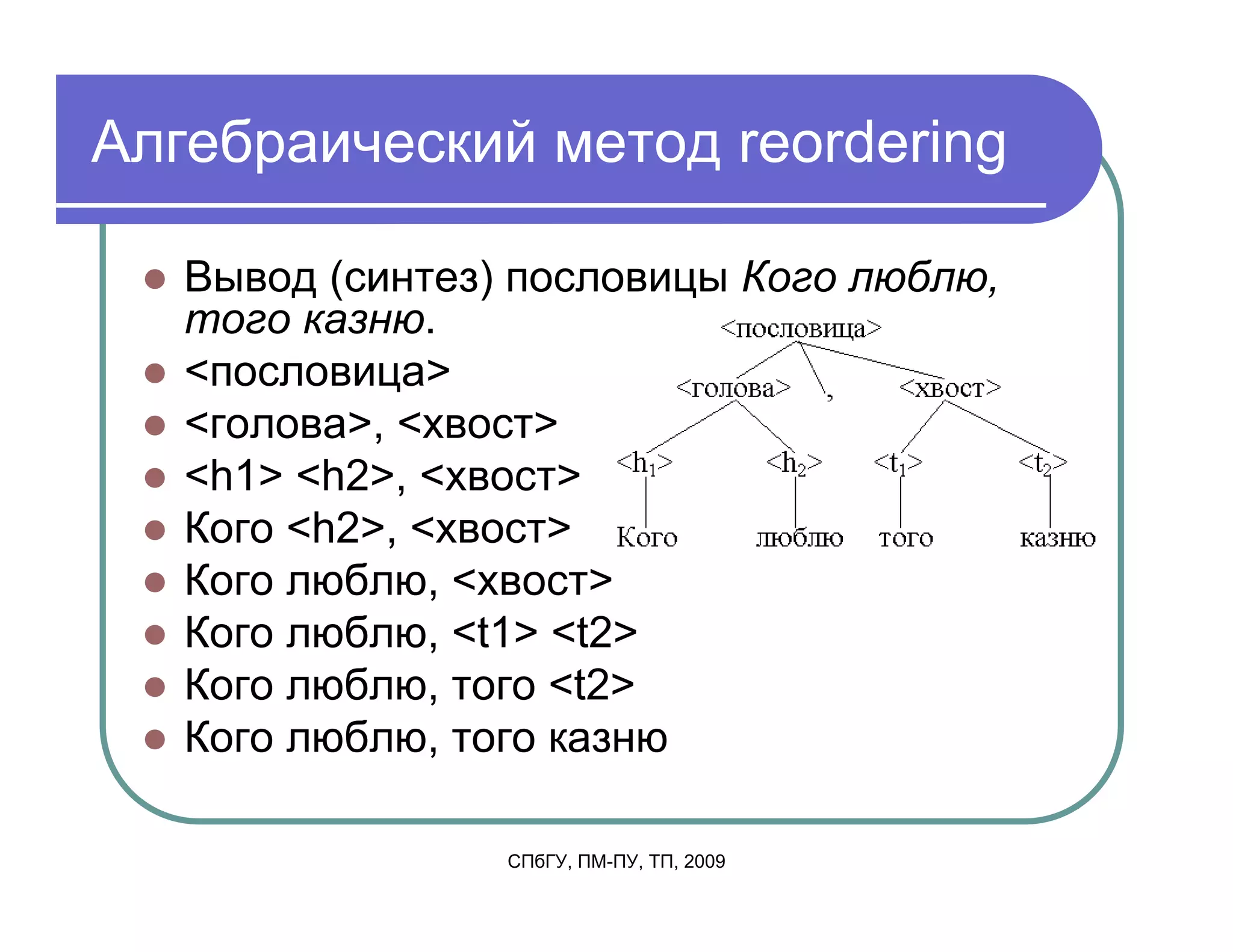 Алгебраический метод reordering

   Вывод (синтез) пословицы Кого люблю,
   того казню.
   <пословица>
   <голова>, <хвост>
   <h1> <h2>, <хвост>
   Кого <h2>, <хвост>
   Кого люблю, <хвост>
   Кого люблю, <t1> <t2>
   Кого люблю, того <t2>
   Кого люблю, того казню

                 СПбГУ, ПМ-ПУ, ТП, 2009
 