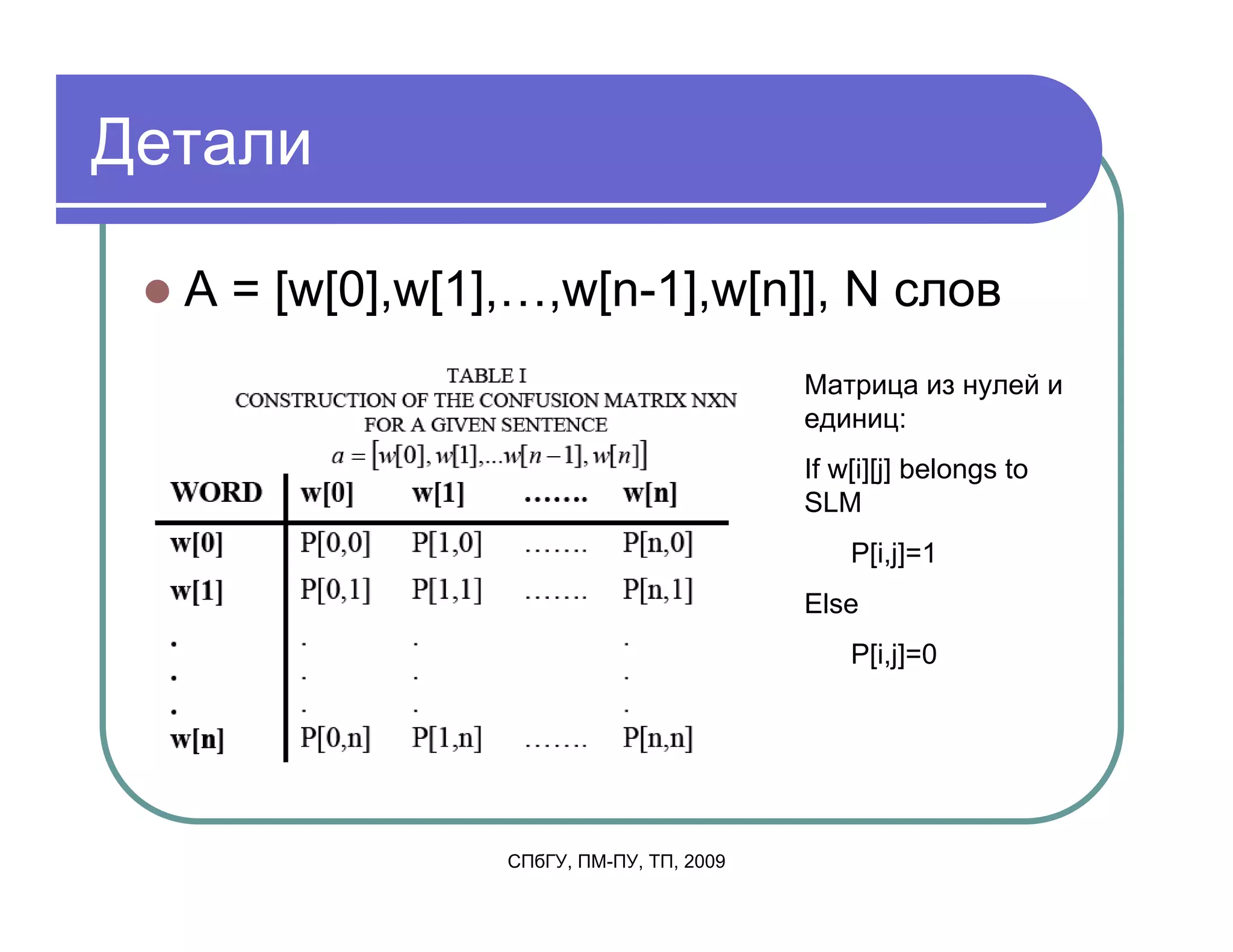 Детали

  A = [w[0],w[1],…,w[n-1],w[n]], N слов
                                         Матрица из нулей и
                                         единиц:
                                         If w[i][j] belongs to
                                         SLM
                                             P[i,j]=1
                                         Else
                                             P[i,j]=0




                СПбГУ, ПМ-ПУ, ТП, 2009
 
