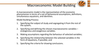 Macroeconomic Model Building
A macroeconomic model is the representation of the economic
phenomenon in terms of a set of behavioural assumptions, definitions,
simultaneous equations, and identities.
Model Building Process:
1. Specifying the subject of study and segregating it from the rest of
the system;
2. Specifying and defining the chosen macroeconomic variables –
endogenous and exogenous variables.
3. Making assumptions regarding the behaviour of selected variables;
4. Specifying the relationship between the selected variables in the
form of equations, if possible; and
5. Specifying the criteria for drawing conclusions.
 