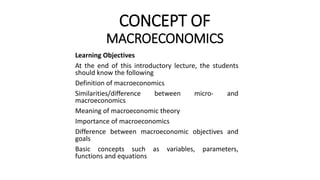 CONCEPT OF
MACROECONOMICS
Learning Objectives
At the end of this introductory lecture, the students
should know the following
Definition of macroeconomics
Similarities/difference between micro- and
macroeconomics
Meaning of macroeconomic theory
Importance of macroeconomics
Difference between macroeconomic objectives and
goals
Basic concepts such as variables, parameters,
functions and equations
 