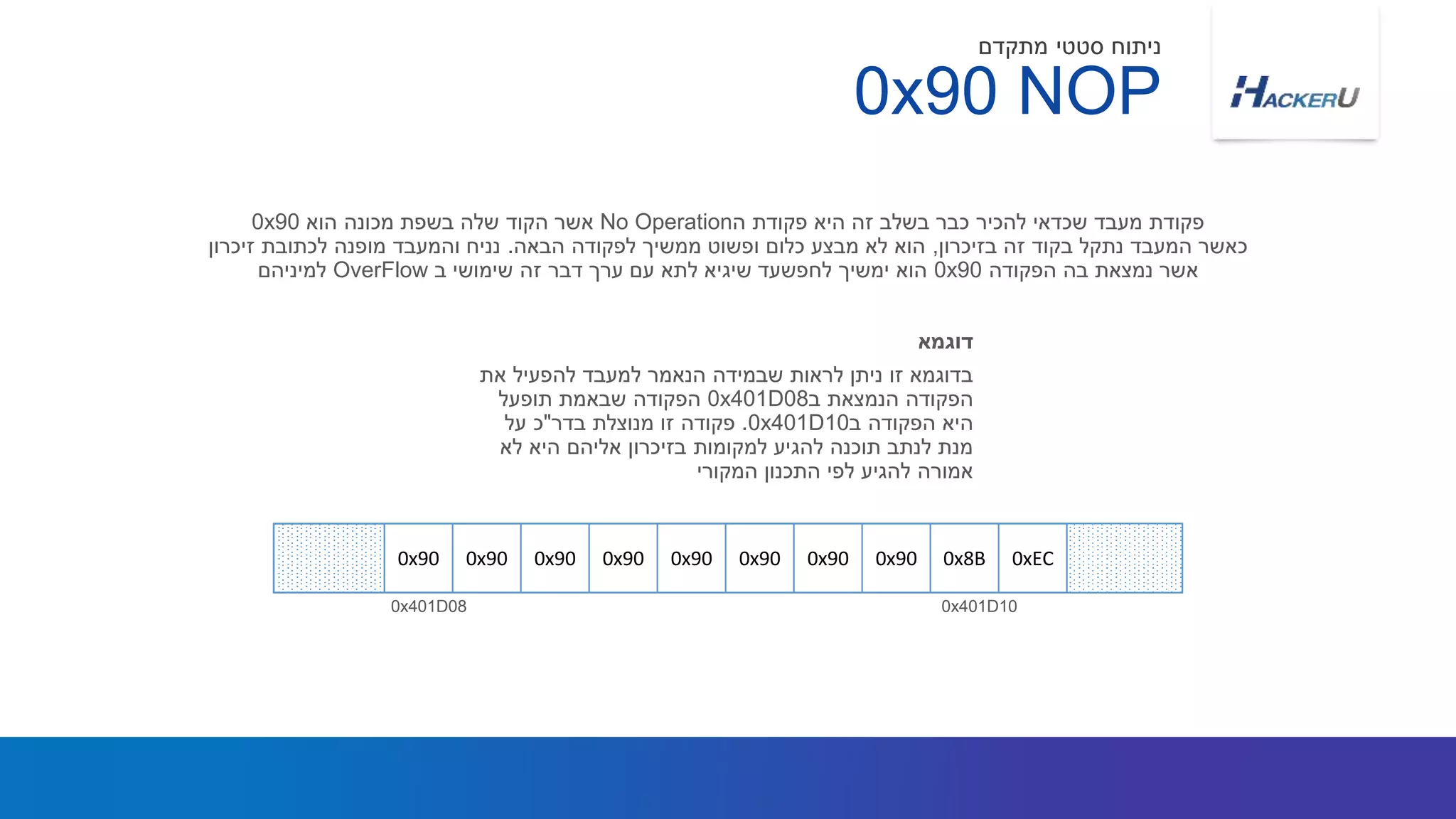 ‫את‬ ‫להפעיל‬ ‫למעבד‬ ‫הנאמר‬ ‫שבמידה‬ ‫לראות‬ ‫ניתן‬ ‫זו‬ ‫בדוגמא‬
‫ב‬ ‫הנמצאת‬ ‫הפקודה‬0x401D08‫תופעל‬ ‫שבאמת‬ ‫הפקודה‬
‫ב‬ ‫הפקודה‬ ‫היא‬0x401D10.‫בדר‬ ‫מנוצלת‬ ‫זו‬ ‫פקודה‬"‫על‬ ‫כ‬
‫לא‬ ‫היא‬ ‫אליהם‬ ‫בזיכרון‬ ‫למקומות‬ ‫להגיע‬ ‫תוכנה‬ ‫לנתב‬ ‫מנת‬
‫המקורי‬ ‫התכנון‬ ‫לפי‬ ‫להגיע‬ ‫אמורה‬
‫ה‬ ‫פקודת‬ ‫היא‬ ‫זה‬ ‫בשלב‬ ‫כבר‬ ‫להכיר‬ ‫שכדאי‬ ‫מעבד‬ ‫פקודת‬No Operation‫הוא‬ ‫מכונה‬ ‫בשפת‬ ‫שלה‬ ‫הקוד‬ ‫אשר‬0x90
‫בזיכרון‬ ‫זה‬ ‫בקוד‬ ‫נתקל‬ ‫המעבד‬ ‫כאשר‬,‫הבאה‬ ‫לפקודה‬ ‫ממשיך‬ ‫ופשוט‬ ‫כלום‬ ‫מבצע‬ ‫לא‬ ‫הוא‬.‫זיכרון‬ ‫לכתובת‬ ‫מופנה‬ ‫והמעבד‬ ‫נניח‬
‫הפקודה‬ ‫בה‬ ‫נמצאת‬ ‫אשר‬0x90‫ב‬ ‫שימושי‬ ‫זה‬ ‫דבר‬ ‫ערך‬ ‫עם‬ ‫לתא‬ ‫שיגיא‬ ‫לחפשעד‬ ‫ימשיך‬ ‫הוא‬OverFlow‫למיניהם‬
‫דוגמא‬
NOP0x90
‫מתקדם‬ ‫סטטי‬ ‫ניתוח‬
0x401D08
0x90 0x90 0x90 0x90 0x90 0x90 0x90 0x90 0x8B 0xEC
0x401D10
 